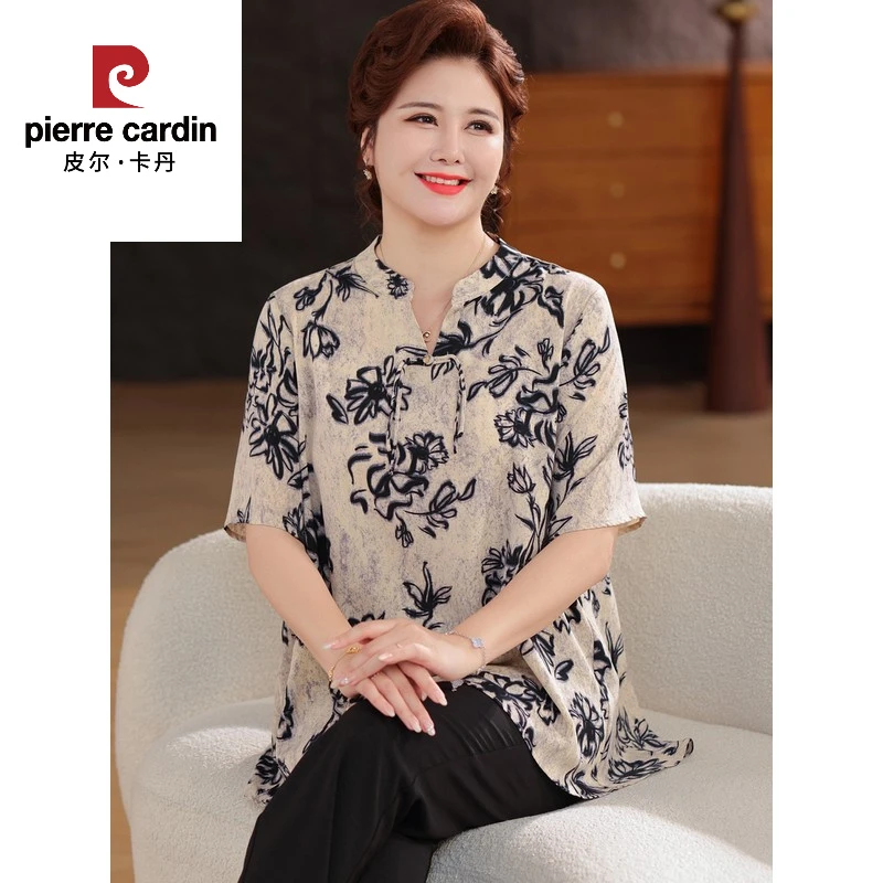 皮尔卡丹大码显瘦妈妈装夏2025新款恤中老年洋气奶奶装阔太太气质