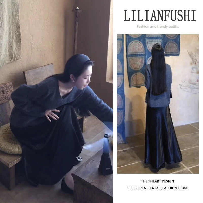 秋季穿搭一整套2025新款宽松纯色长袖针织衫显瘦高腰半身裙两件套