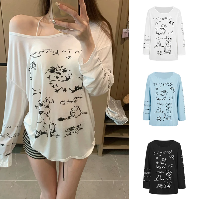 Moses Queen/魔西女王慵懒趣味卡通斜肩长袖T恤宽松薄款防晒上衣