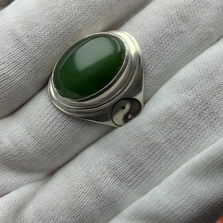 和田玉戒指足银镶嵌