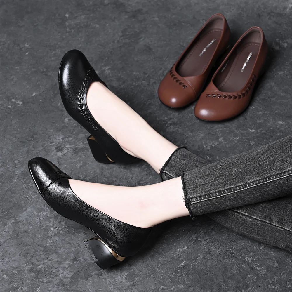 头层牛皮法式复古浅口单鞋女2025春秋新款圆头粗跟一脚蹬奶奶鞋