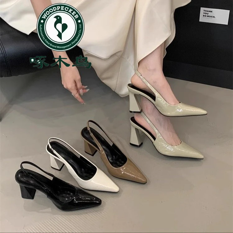 啄木鸟2025春夏法式绿色配裙子尖头高跟鞋女粗跟单鞋后空包头凉鞋