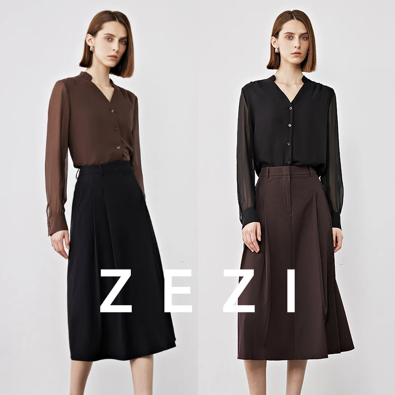 ZEZI6.24-【钱老板专属】A字版型褶裥三醋酸半裙气质通勤裙Z12C431Q