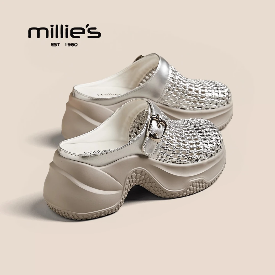 MILLIE'S/妙丽 夏季镂空女凉鞋外穿镂空编制增高网面一脚蹬半拖女