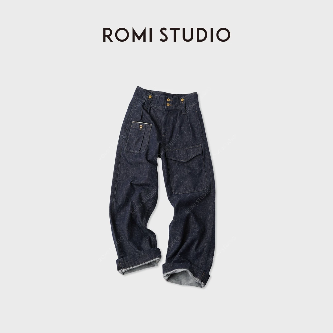 ROMI STUDIO“丹宁点缀”多口袋高腰棉点直筒垂感牛仔裤RWCAXA5385