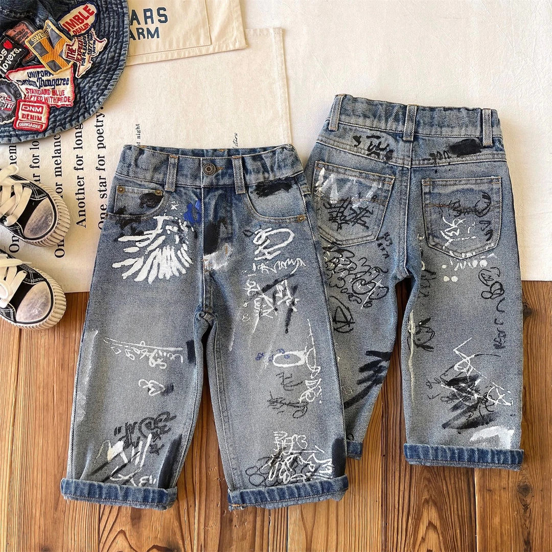 【定制清仓】日系童装春夏中古儿童手绘涂鸦直筒牛仔裤裤子