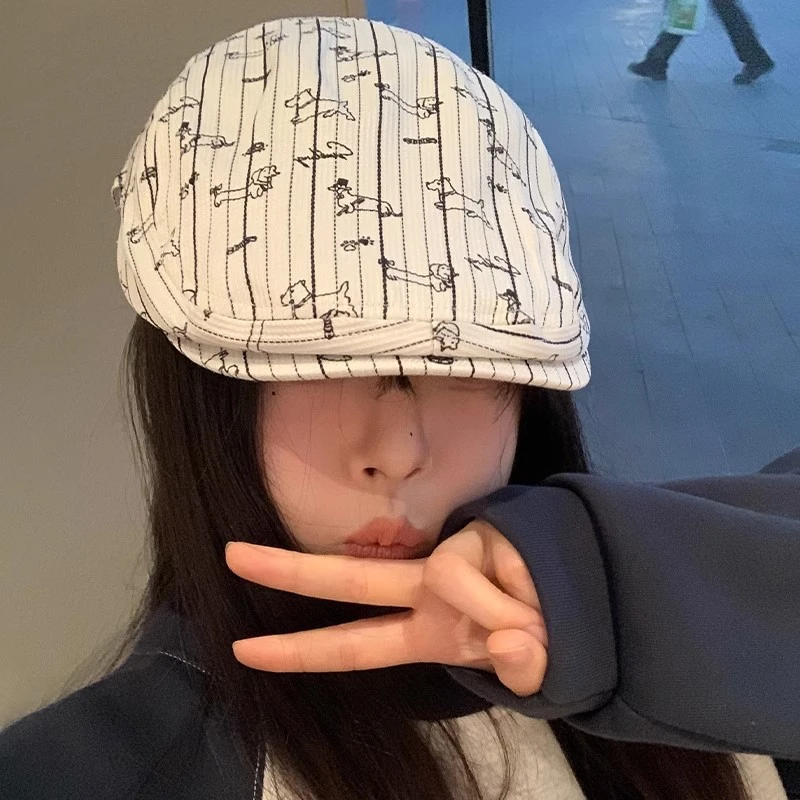 日系可爱卡通腊肠狗前进帽子女文艺风春夏季新款显脸小反戴贝雷帽