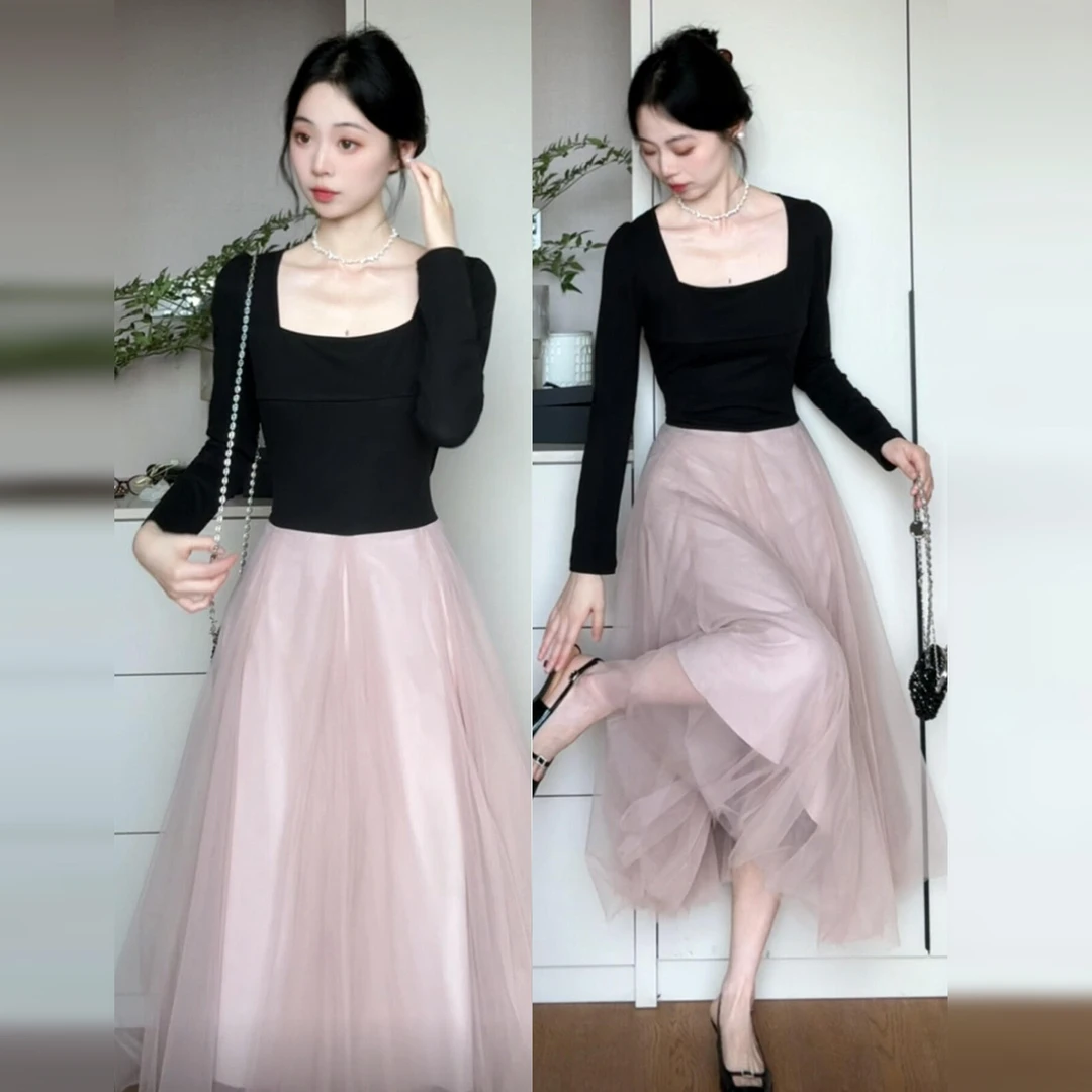 芭蕾风撞色拼接长袖连衣裙子女早秋季2025富家千金风收腰长裙7522