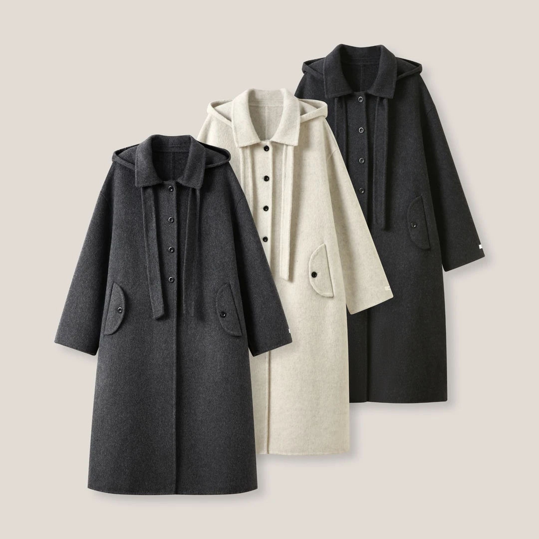 纯色长款休闲百搭毛呢连帽长袖单排扣长款外套ss26503