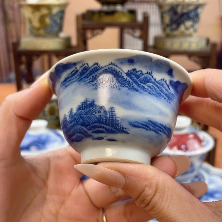 摆件青花山水压手杯微瑕