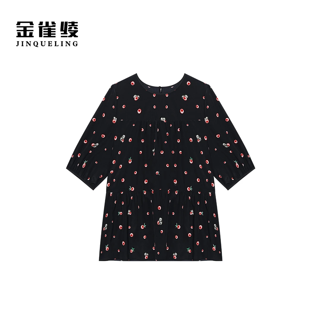 金雀绫【爱心熊猫】桑蚕丝设计师款印花休闲圆领衬衫SZA1S078