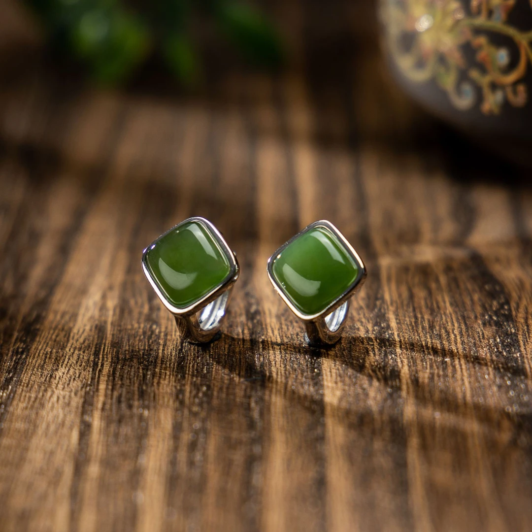 【央博玉】925银镶和田碧玉方形耳扣-YB94920028-多样性发一|BHT4