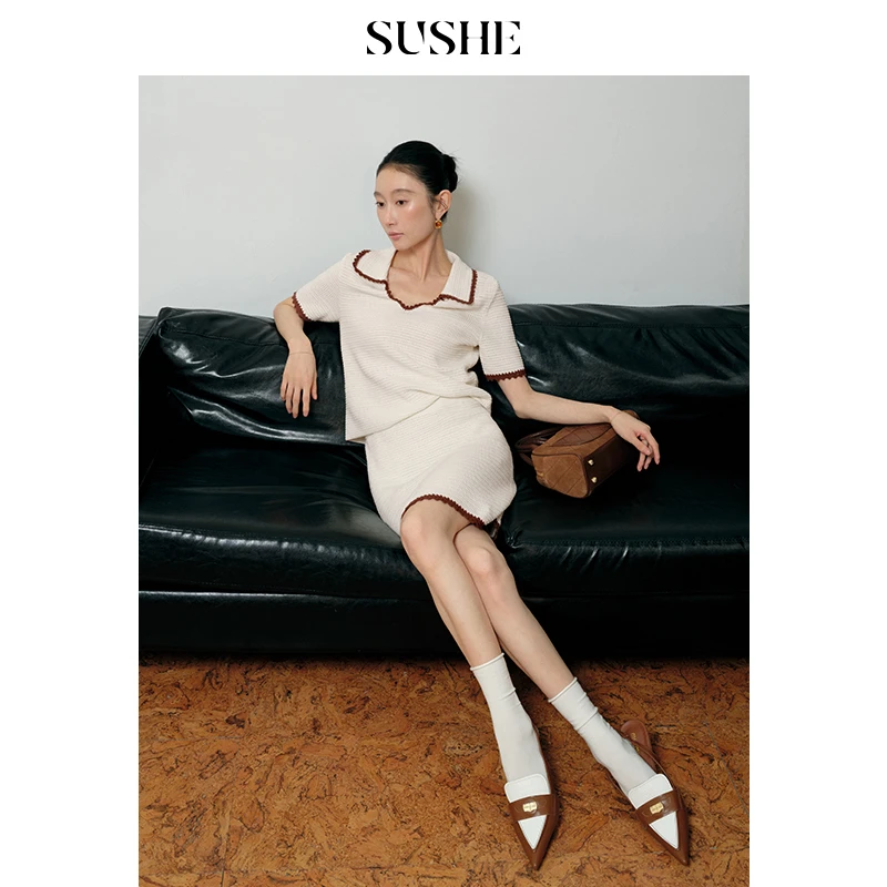 束皙SUSHE 梵塔 全棉镂空绞花肌理 撞色翻领气质半身裙夏季套装女