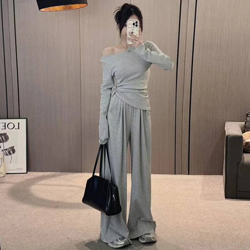 2025春秋不规则斜领露肩掐腰设计感上衣长袖T恤休闲阔腿裤两件套