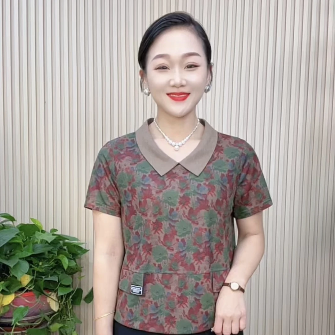 妈妈装欧若拉翻领洋气碎花中老年气质妈妈装时尚显瘦百搭短袖上衣