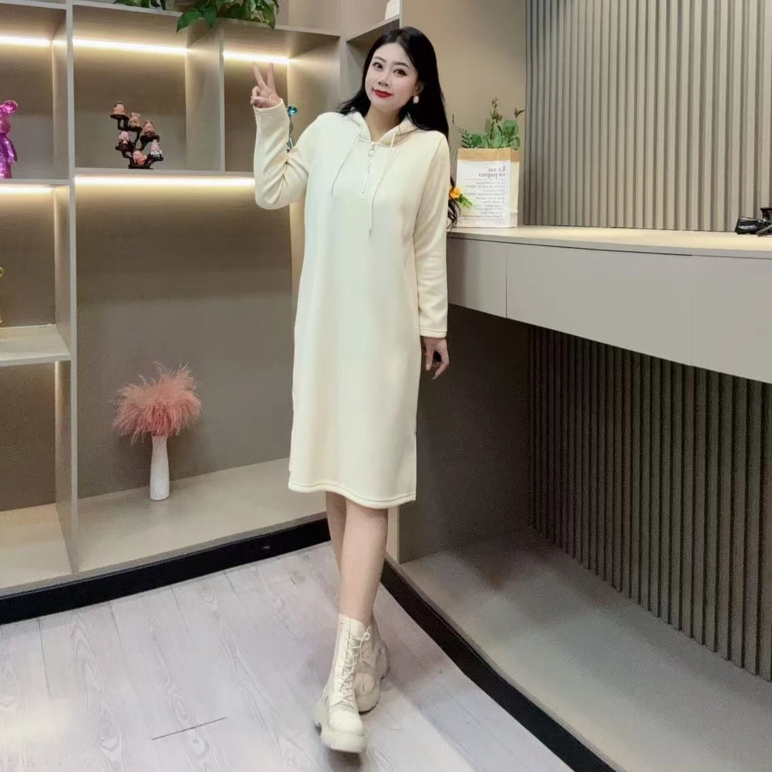 冬季加绒连衣裙-甜 5154时尚休闲连帽设计保暖胖MM大码女装新款