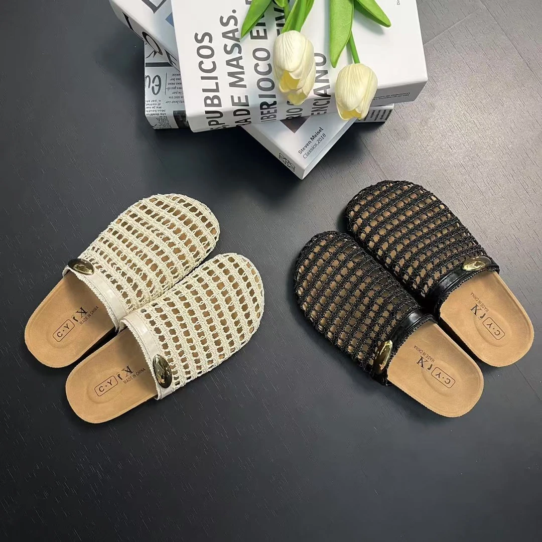 金属扣镂空网格新款百搭拖鞋包头中跟复古港风包头拖防滑凉拖夏季