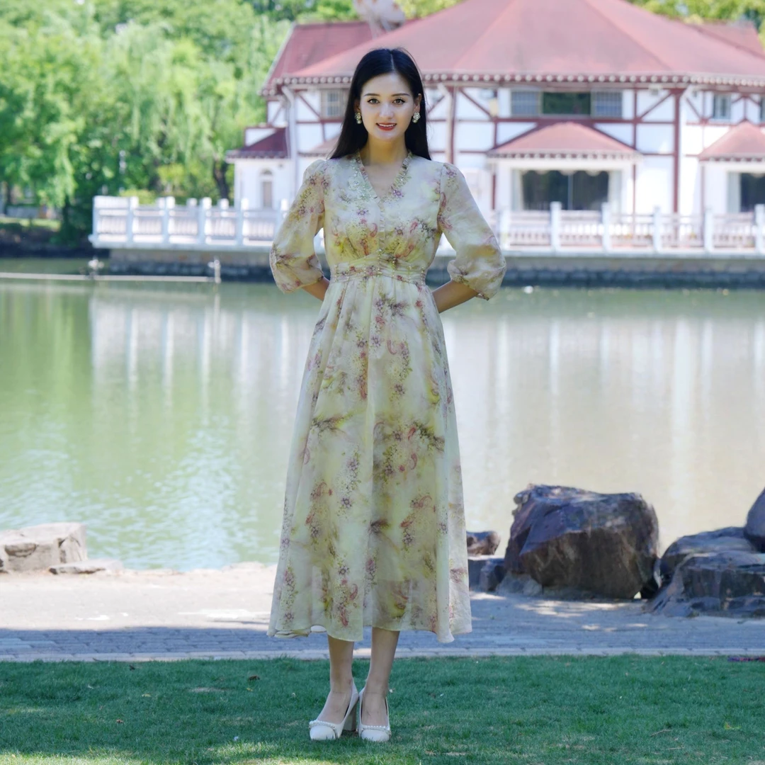 Pink Mary/粉红玛琍温柔长袖夏季连衣裙复古长款印花TMAOS5030