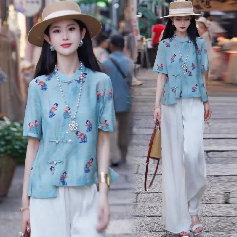 新中式时尚套装女夏季洋气减龄显瘦盘扣印花短袖上衣阔腿裤两件套