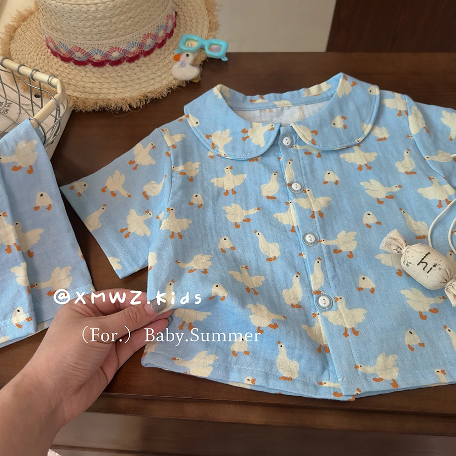 宝宝夏季睡衣2025新款精梳棉纱短袖套装全棉亲子装纯棉睡衣两件套