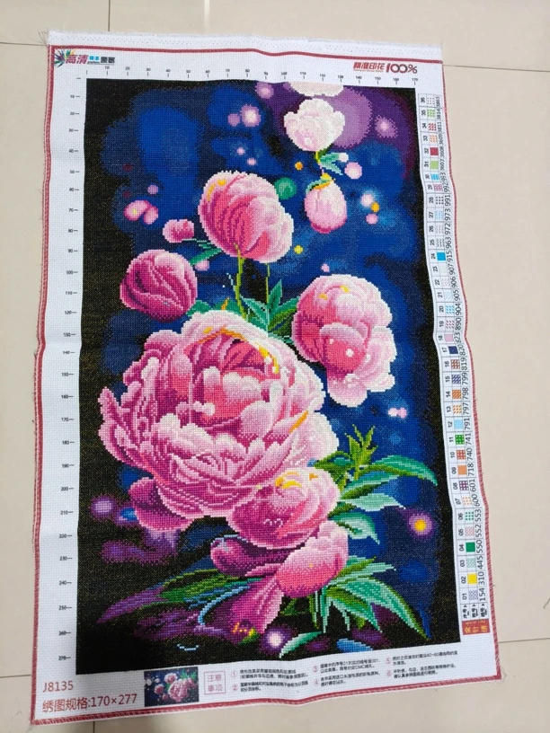 85大格纯手工绣好的十字绣成品8135竖版牡丹花装饰画