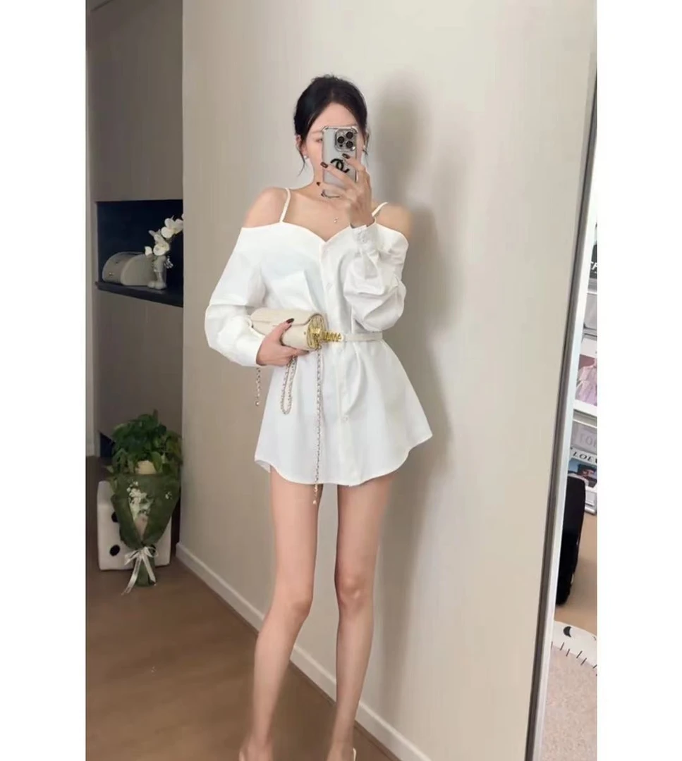 辣妹一字肩长袖衬衫女早春季设计感纯欲挂脖露肩衬衫裙