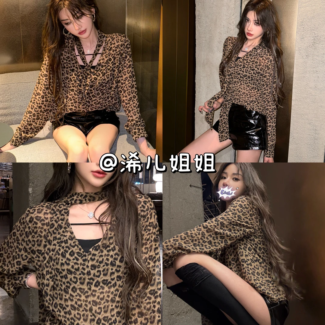 豹纹雪纺飘带长袖衬衫上衣