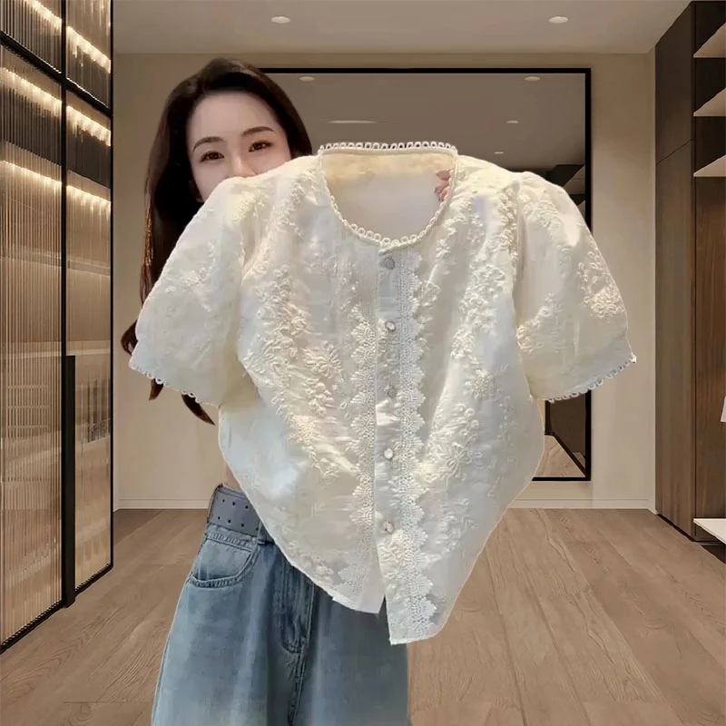 法式重工泡泡袖衬衫女高级感轻奢减龄洋气刺绣蕾丝花边短袖衬衣夏
