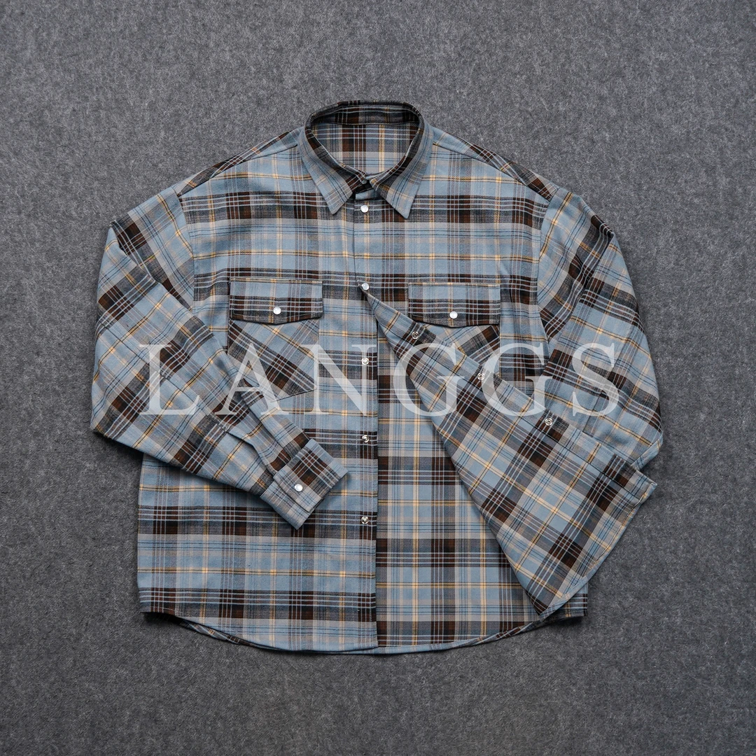 LANGGS&木子里  2025春款衬衫男装时尚百搭格子复古宽松-SS52102