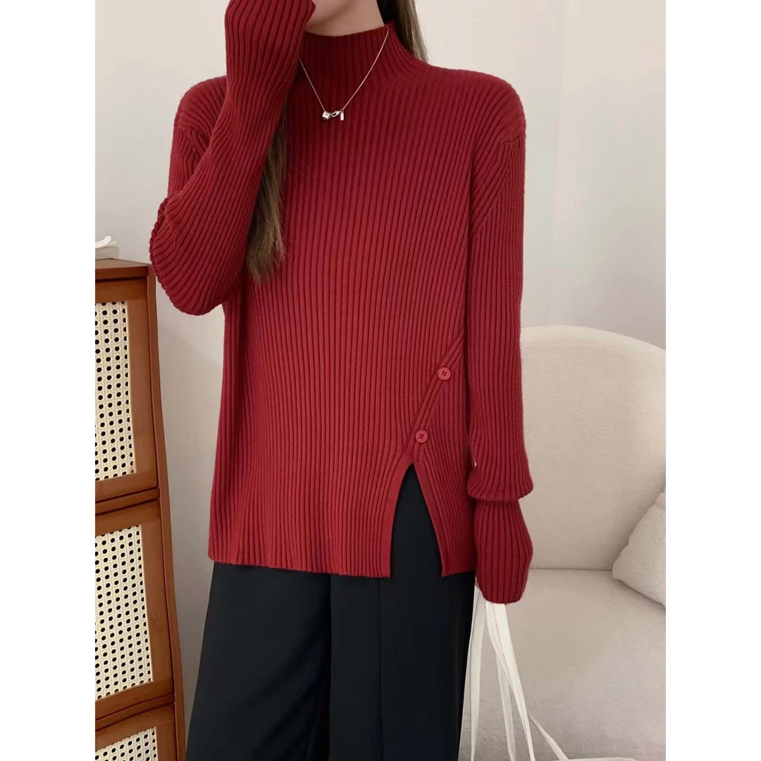 【310】24冬 新款 半高领 侧开叉毛衣 个性 休闲 时尚 百搭套头毛衣