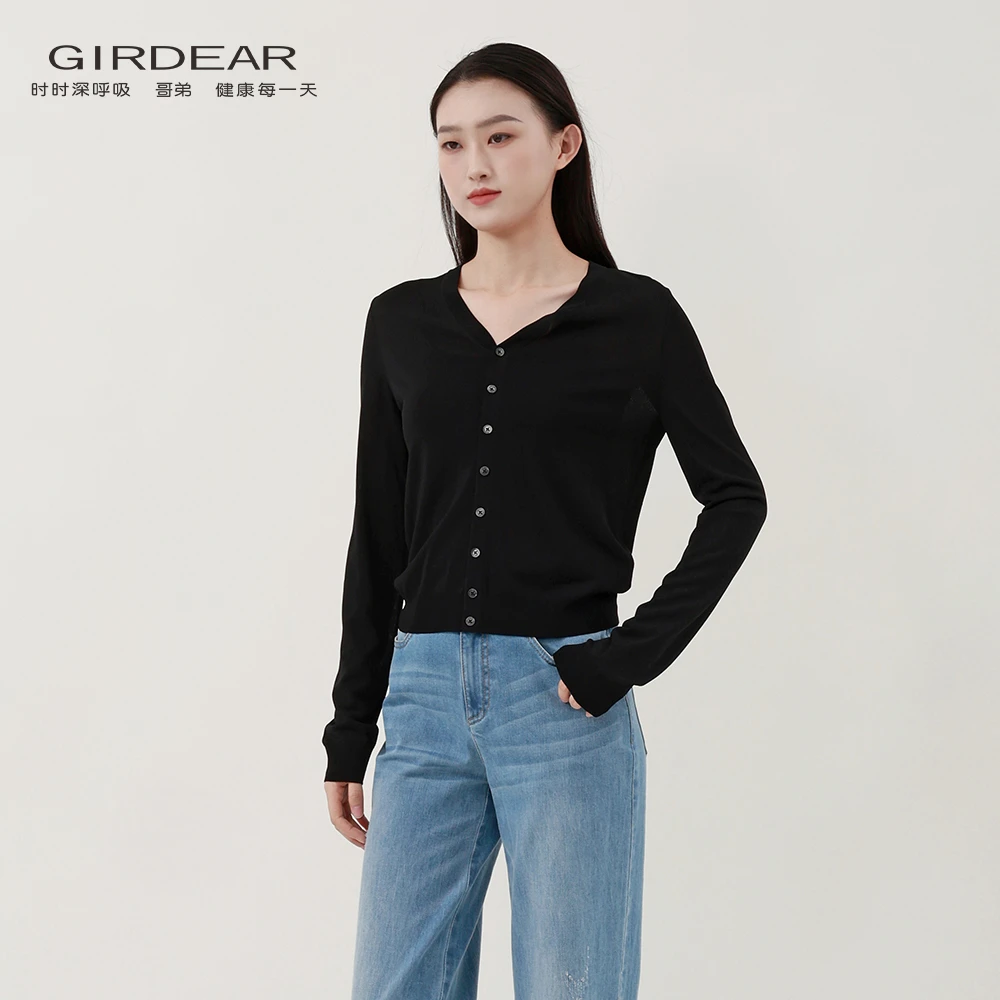 GIRDEAR哥弟 经典黑色百搭薄款针织开衫品质保暖上衣女1499244