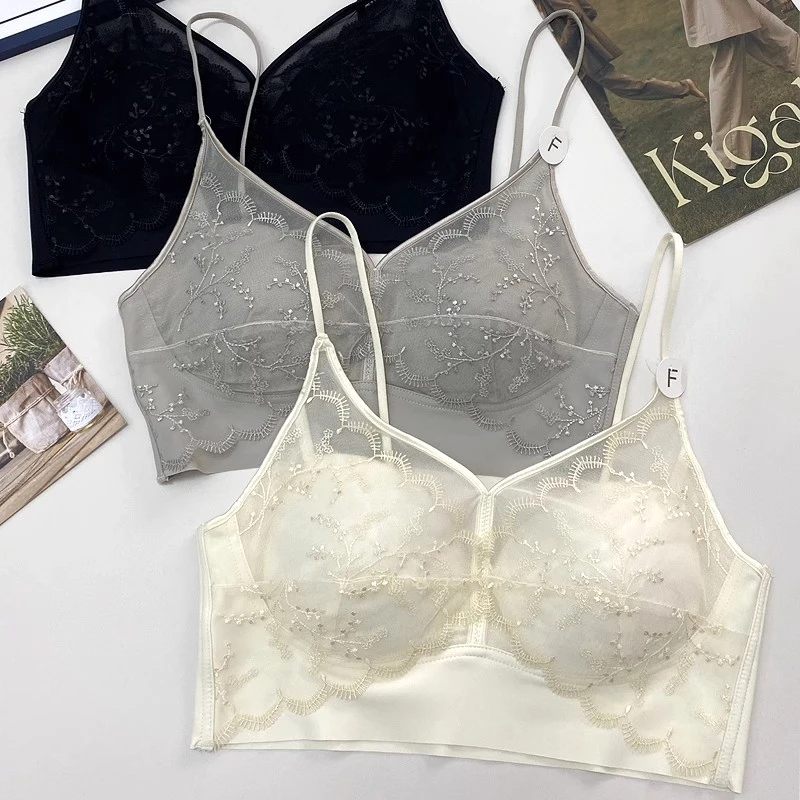 法式蕾丝刺绣美背内衣文胸一体女薄款无钢圈大胸显小性感吊带抹胸