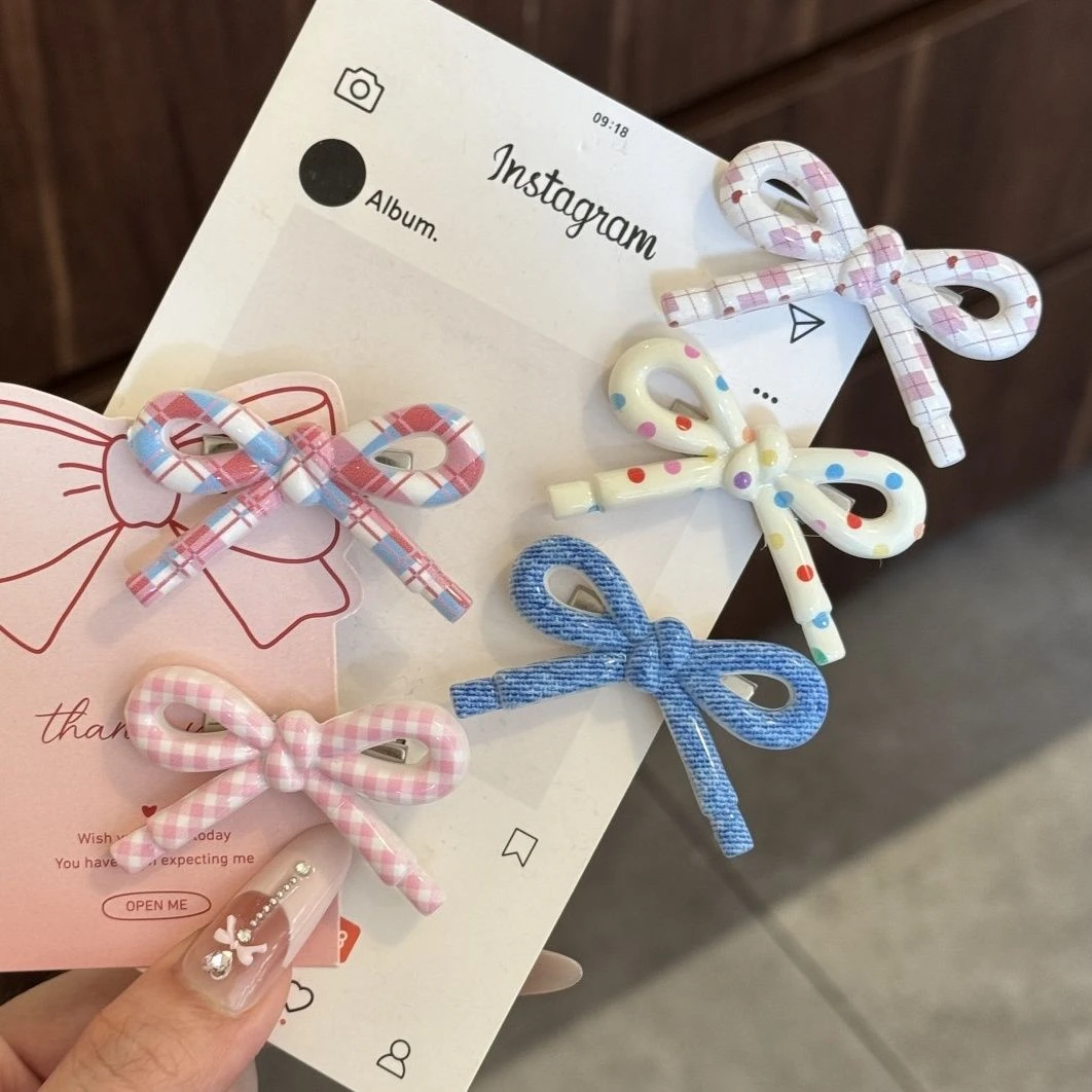 韩系简约波点爱心格纹发夹甜美少女蝴蝶结侧边鸭嘴夹网红ins发卡