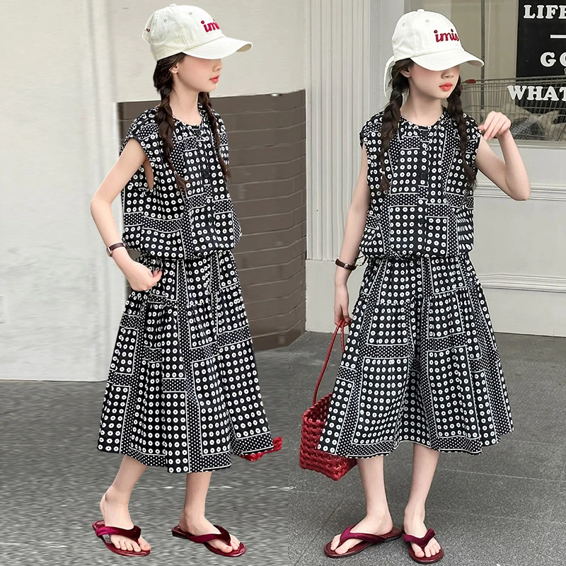 女童夏季薄款纯色韩版格子套装2025新款儿童网红时尚裙子洋气套装