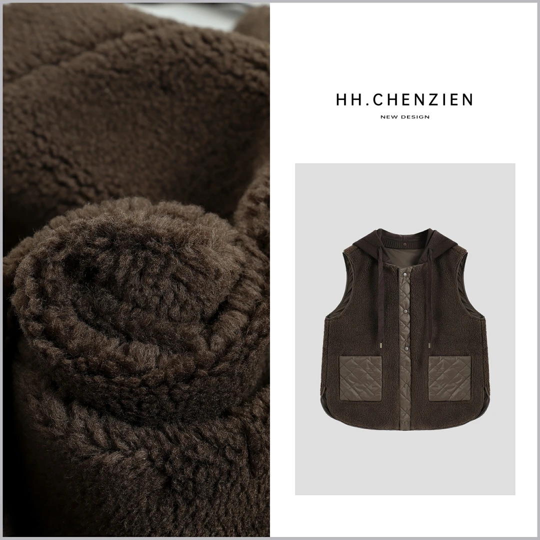 【黑黑家】秋冬款新款连帽设计拼毛绒口袋无袖马甲外套