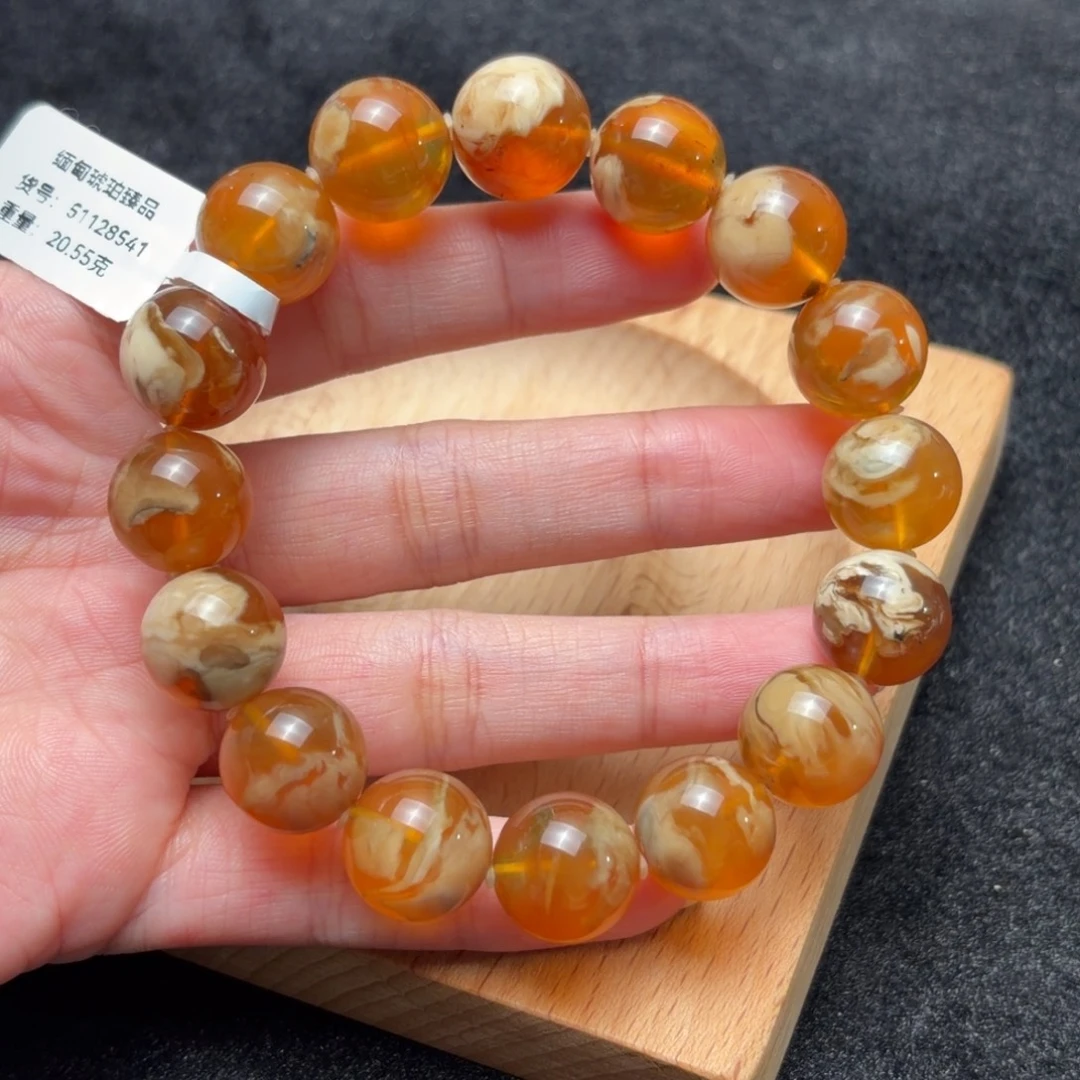 琥珀未镶嵌珠宝奇石13mm蜜橘白猪油妖花