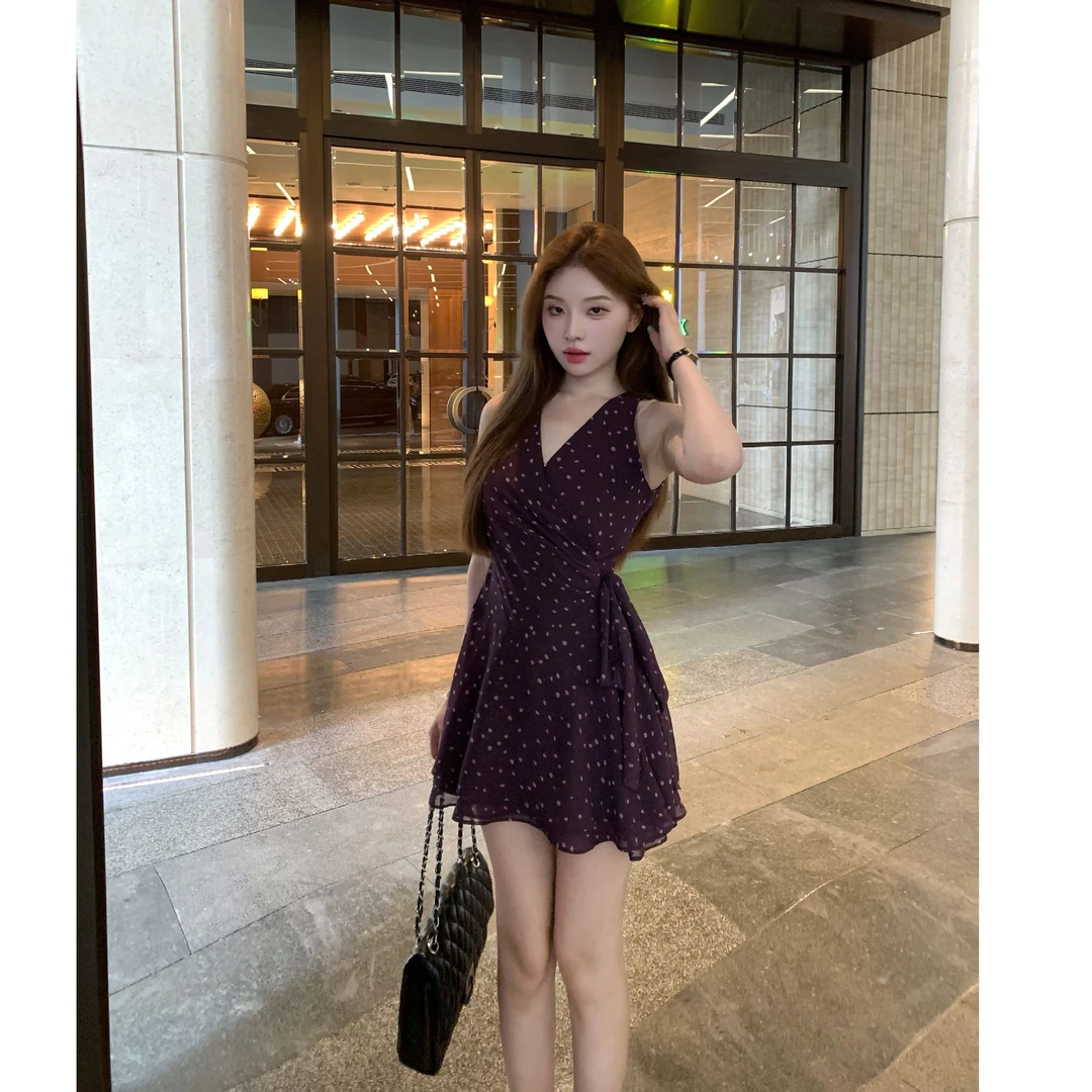 SZA【绮丽回忆】夏季新款雪纺一片式波点V领无袖修身连衣裙A-2030