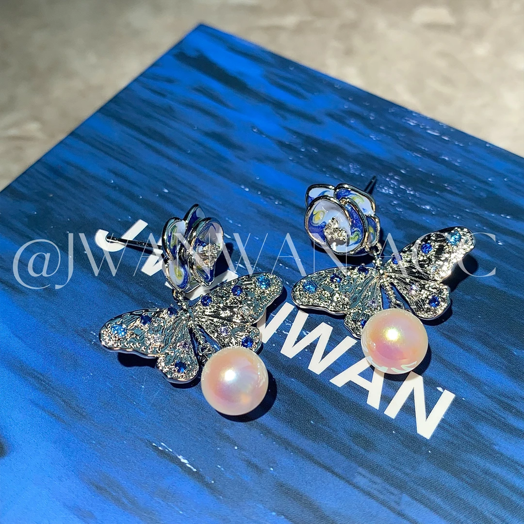 铜合金耳饰 蓝蝶之约.蓝珐琅玫瑰花蝴蝶闪钻耳环