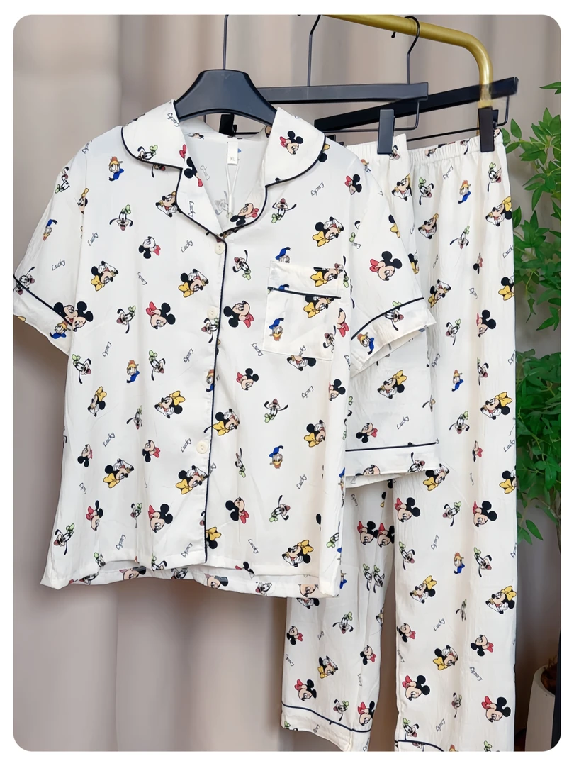 女夏季米奇卡通短袖短裤长裤云朵棉三件套家居服外传休闲舒适睡衣