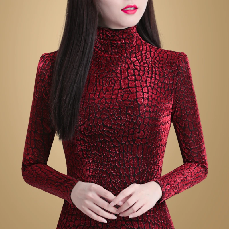 4925半高领小衫女加绒加厚打底衫新款内搭长袖保暖网纱上衣秋