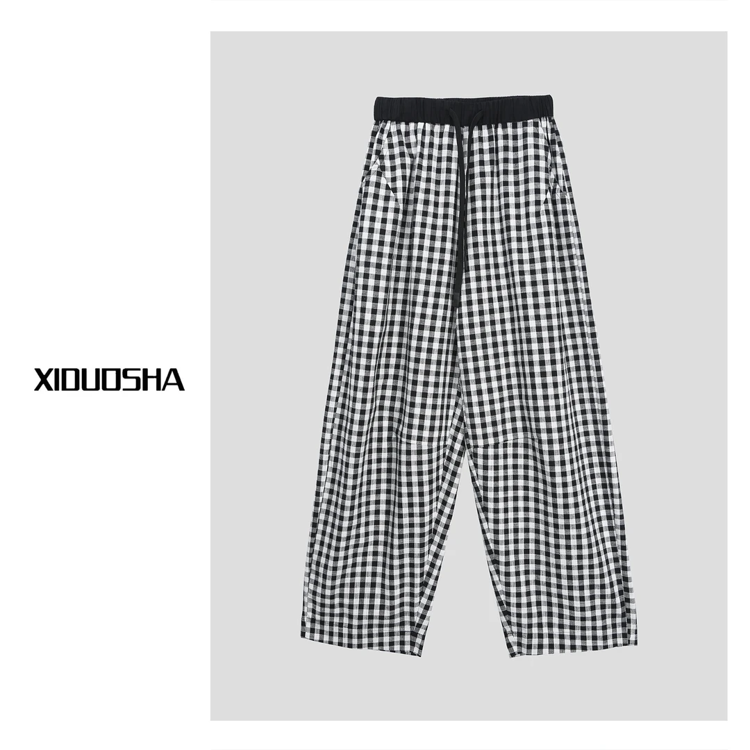 XIDUOSHA/喜朵莎欧货设计师款松紧腰撞色黑白格子香蕉裤XDS446