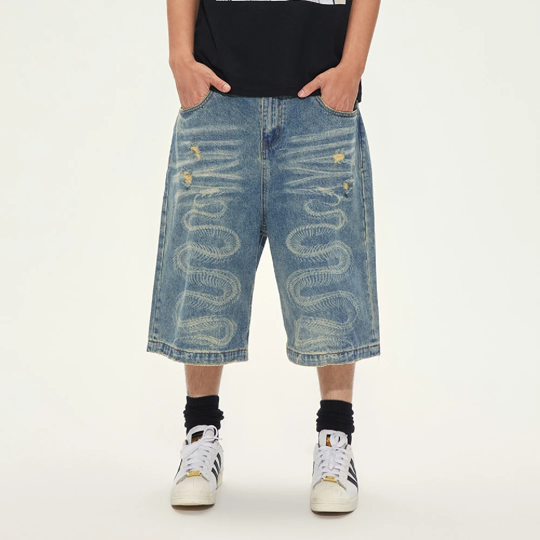 S45双蛇骨七分裤男美式休闲宽松磨烂百搭直筒牛仔裤2025夏季新款