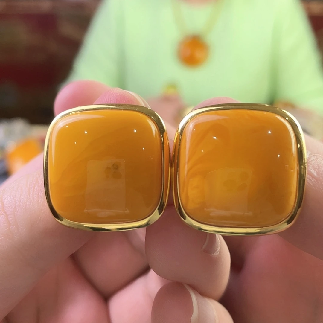 蜜蜡耳钉银S925镀金镶嵌