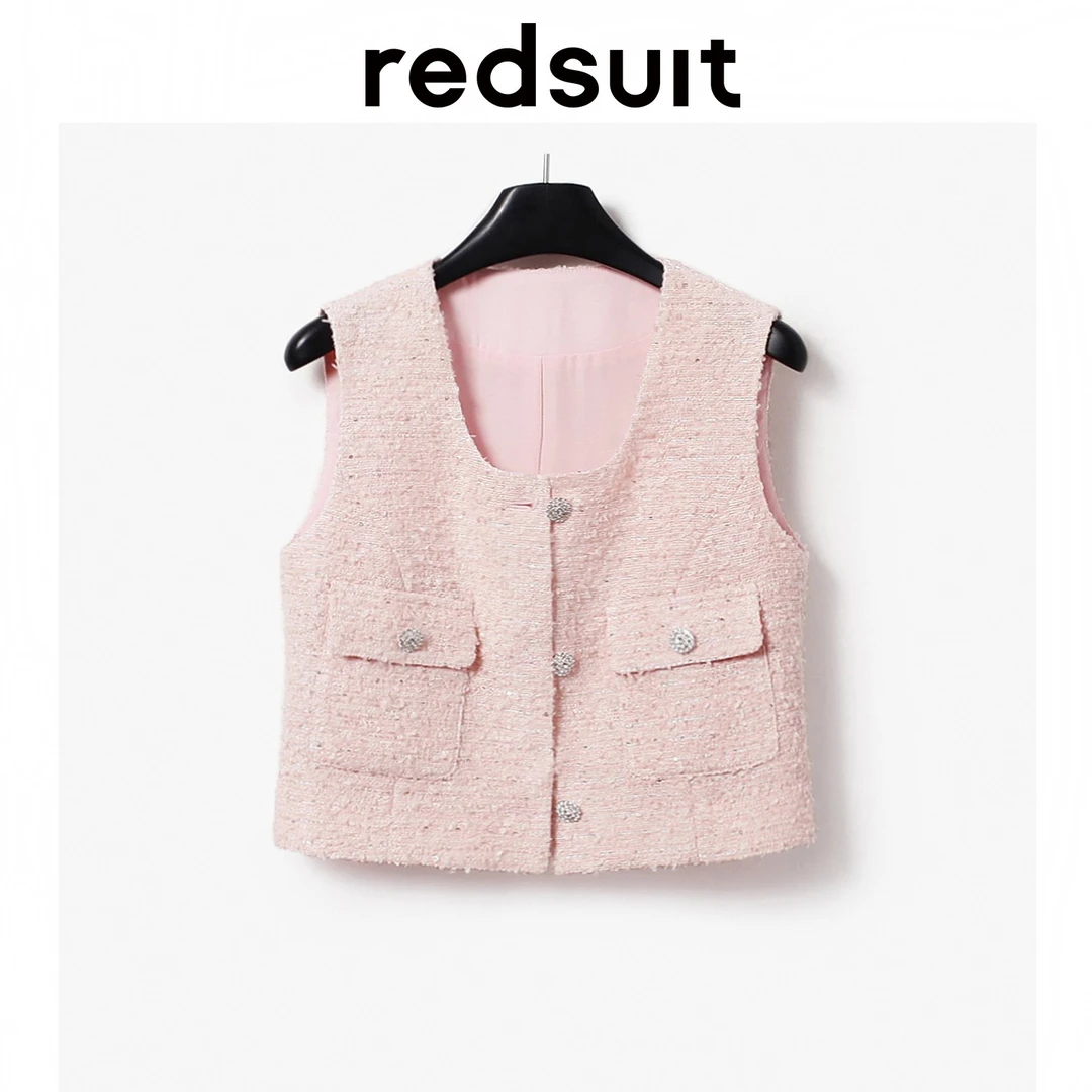 redsuit 重工氛围感！粉色U领薄款小香风俏皮减龄短款马甲上衣夏