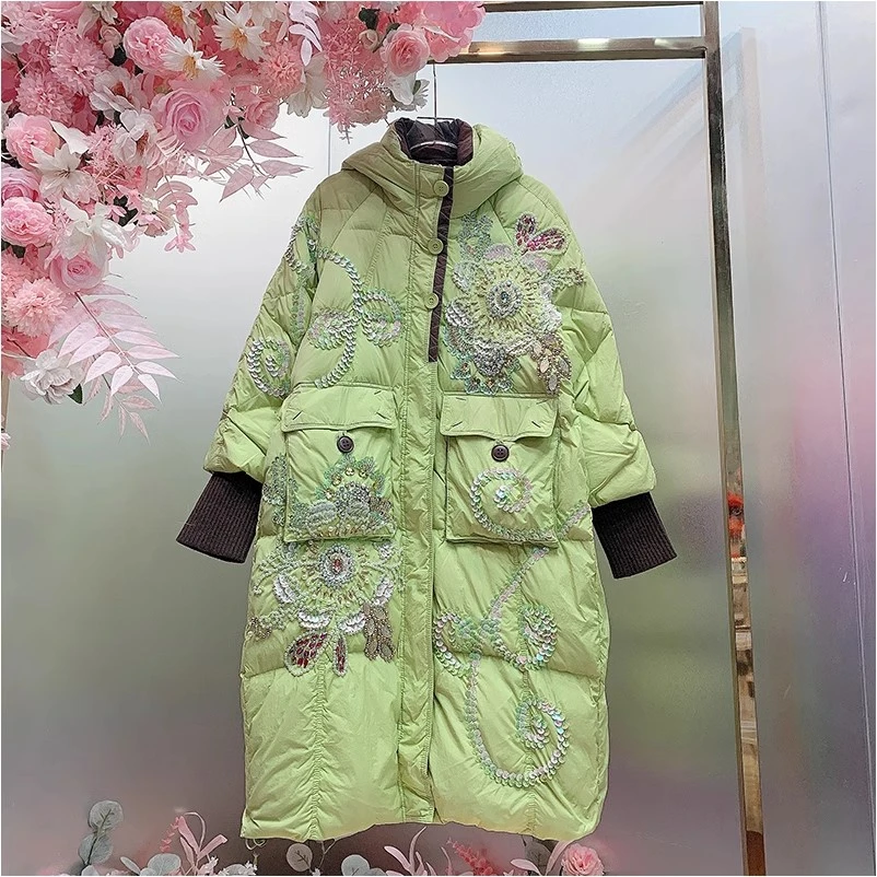 HH7166欧美设计师2025早春新款重工钉珠刺绣花中长款连帽外套