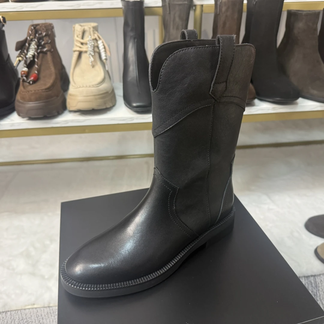 2025新款英伦风西部靴黑色牛仔靴复古中靴时装靴女靴子Z0521