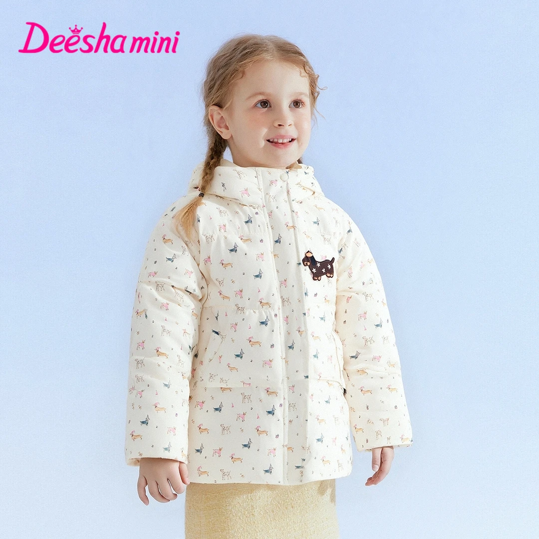 笛莎婴幼女童羽绒服秋冬小童卡通印花甜美保暖连帽外套-3M2556401