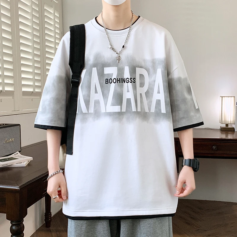 2025夏季新款ins港风潮牌假两件圆领短袖青少年休闲百搭宽松上衣