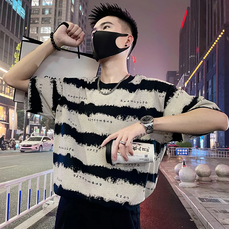 美式潮牌撞色男短袖t恤夏季2025新款百搭条纹款街头个性男生衣服