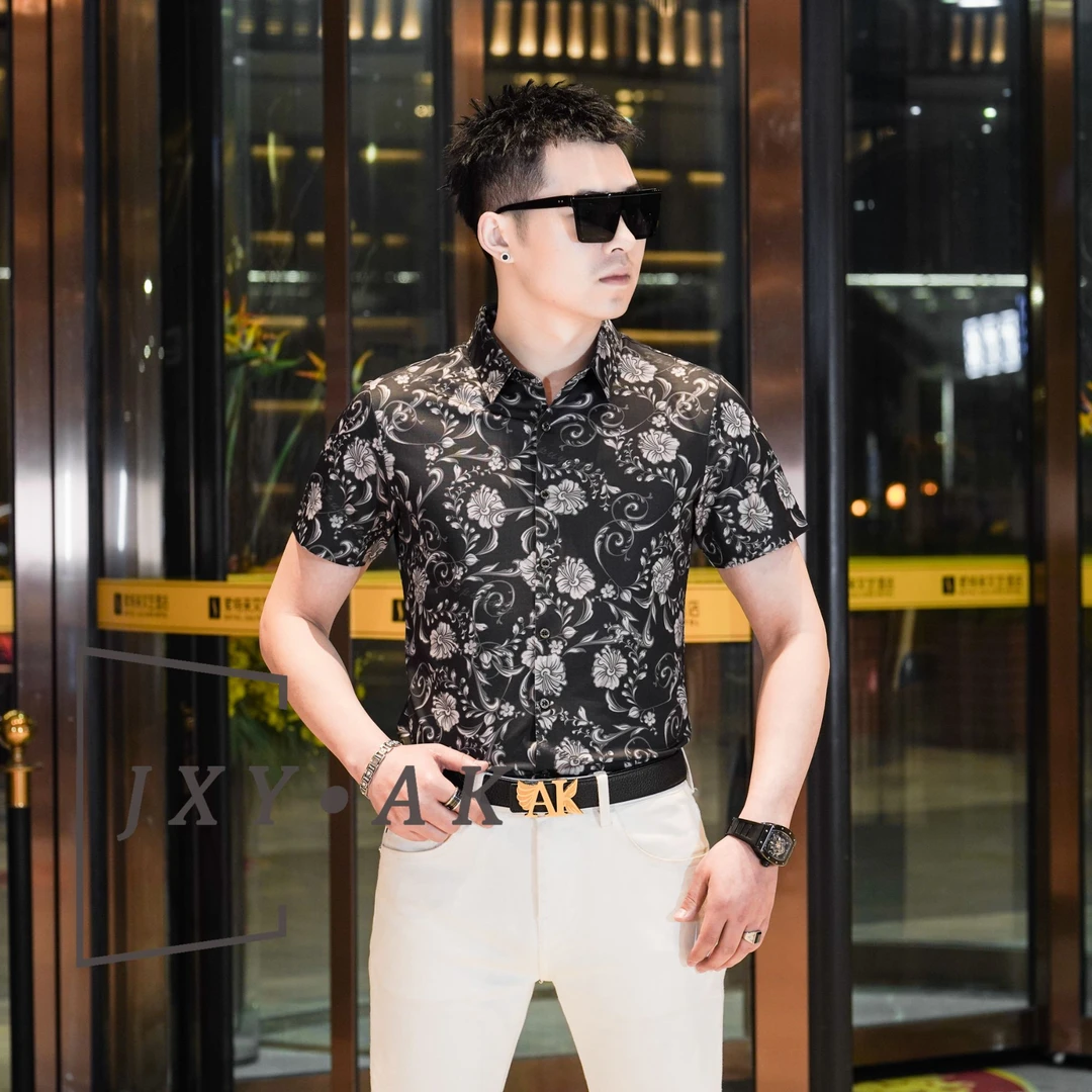 2025男士英伦雅痞风格衬衫复古扎染时尚潮流夏季薄款翻领印花衬衫